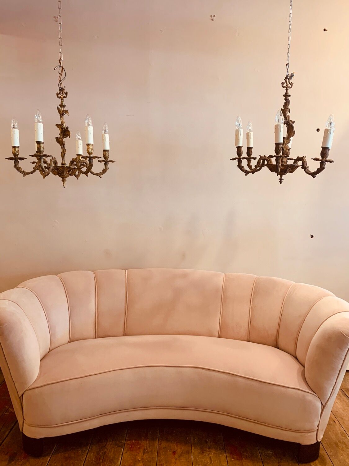 1940s Danish Banana Shaped Scalloped Sofa in Blush Pink