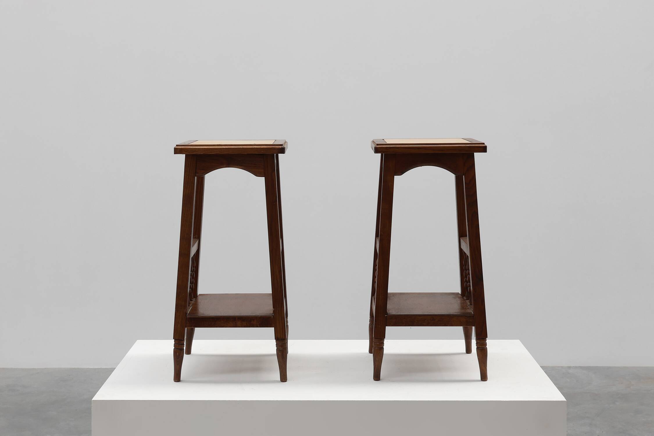 Pair of 20th century rustic wooden side tables with ceramic tile top