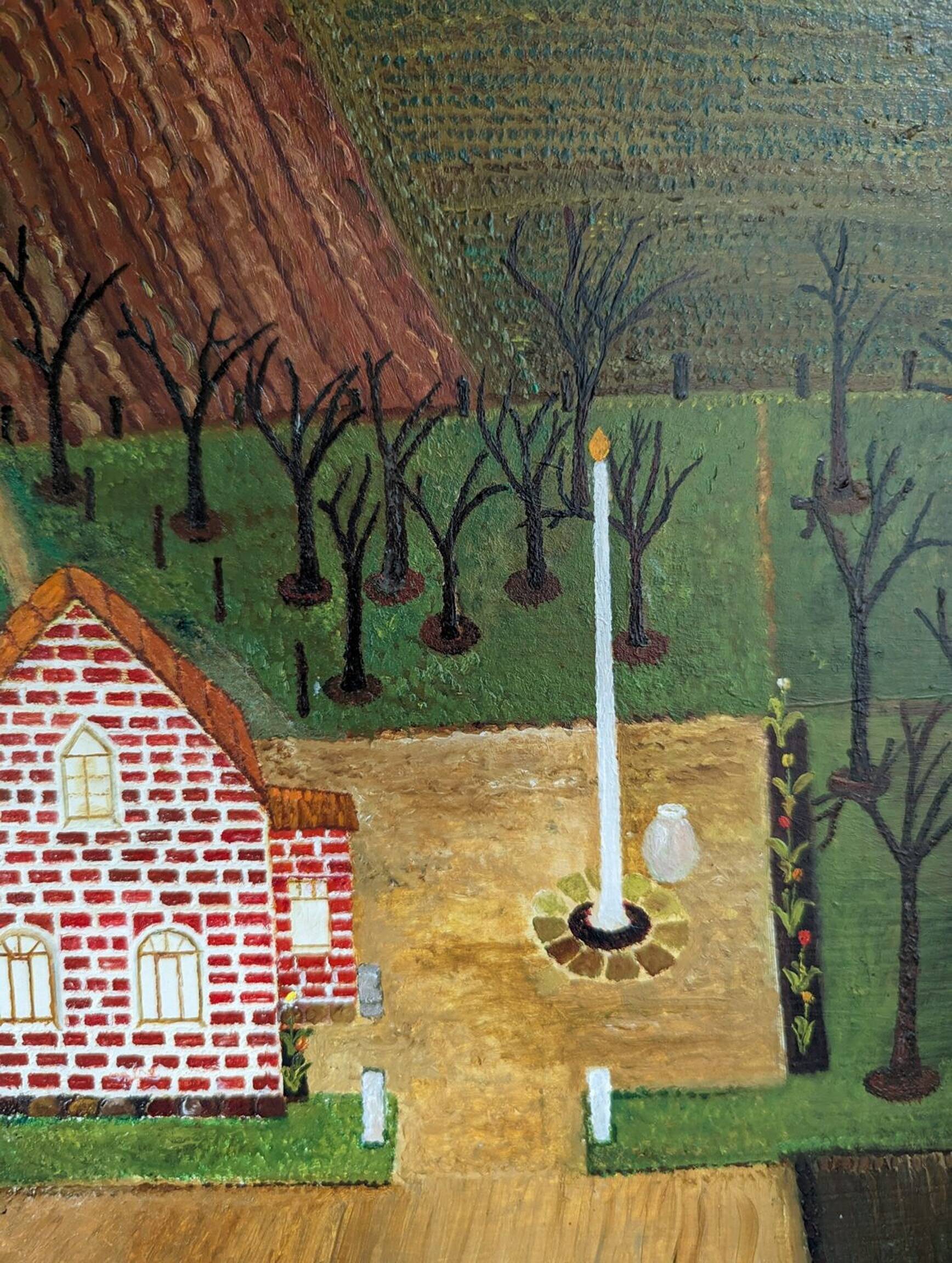 Mid-Century Modern "The Working Farm" Vintage Naïve Style Landscape Oil Painting, Framed