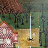 Mid-Century Modern "The Working Farm" Vintage Naïve Style Landscape Oil Painting, Framed