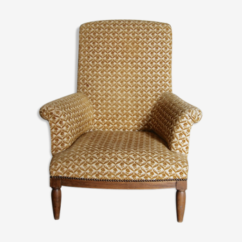 Fauteuil anglais vintage clouté en velours damassé