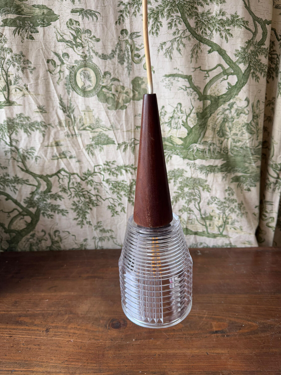 Vintage Scandinavian teak and holophane glass pendant light. 50s/60s