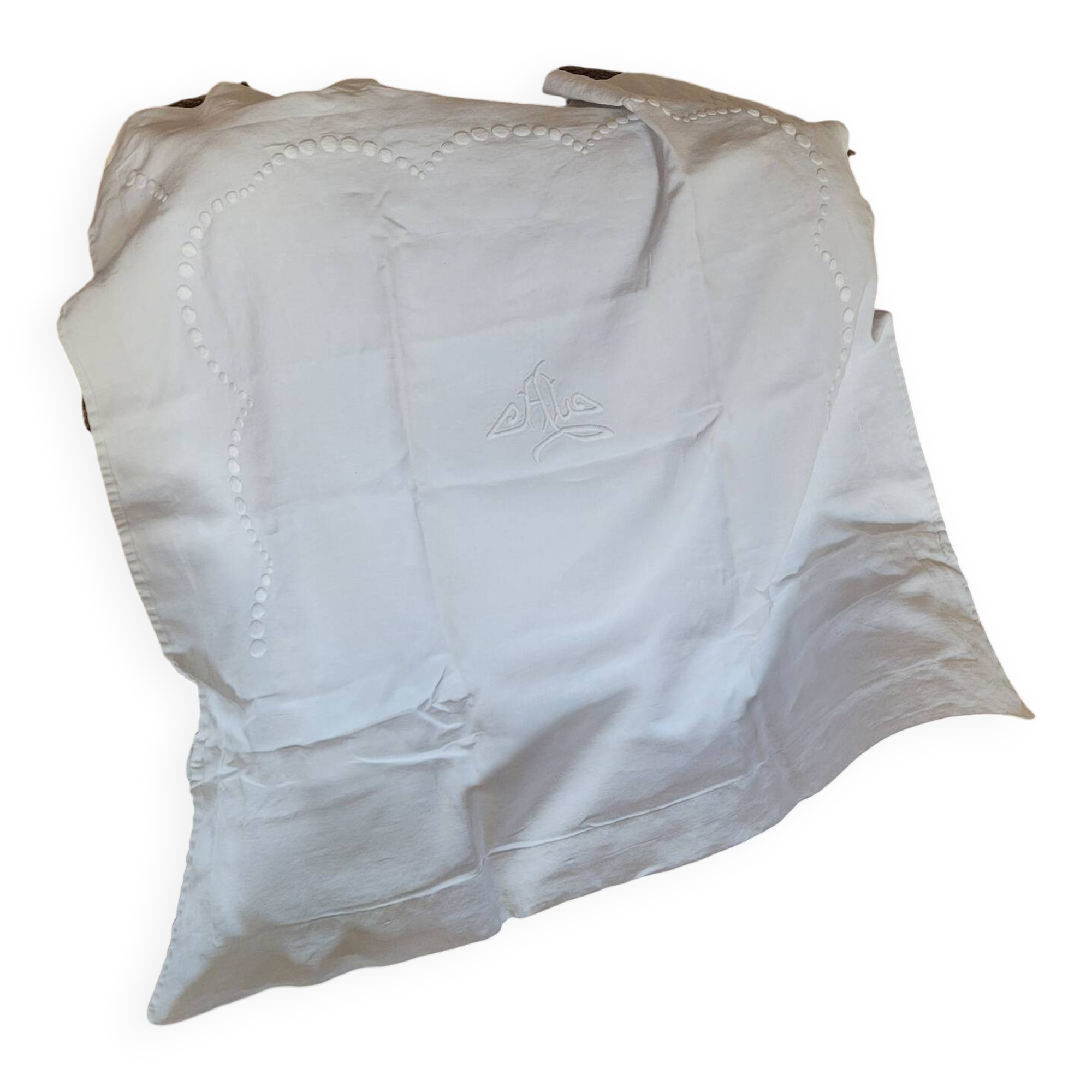 Large Monogrammed Pillowcase – Pure Cotton & Relief Embroidery – Early 20th Century