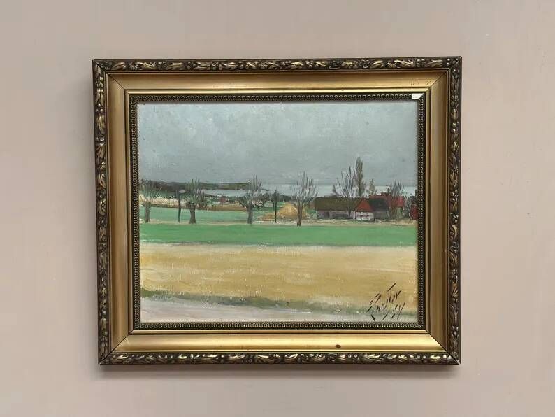 Original Swedish Oil on Panel – “Red Cottages” by Unknown Artist– Signed – Vintage & Framed – 48 × 40 cm (18.8" × 15.7")