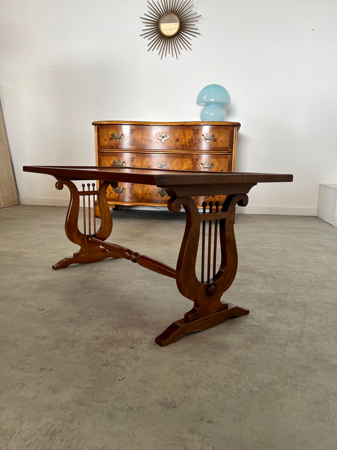 Old rectangular wood coffee table with lyre side posts