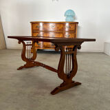 Old rectangular wood coffee table with lyre side posts