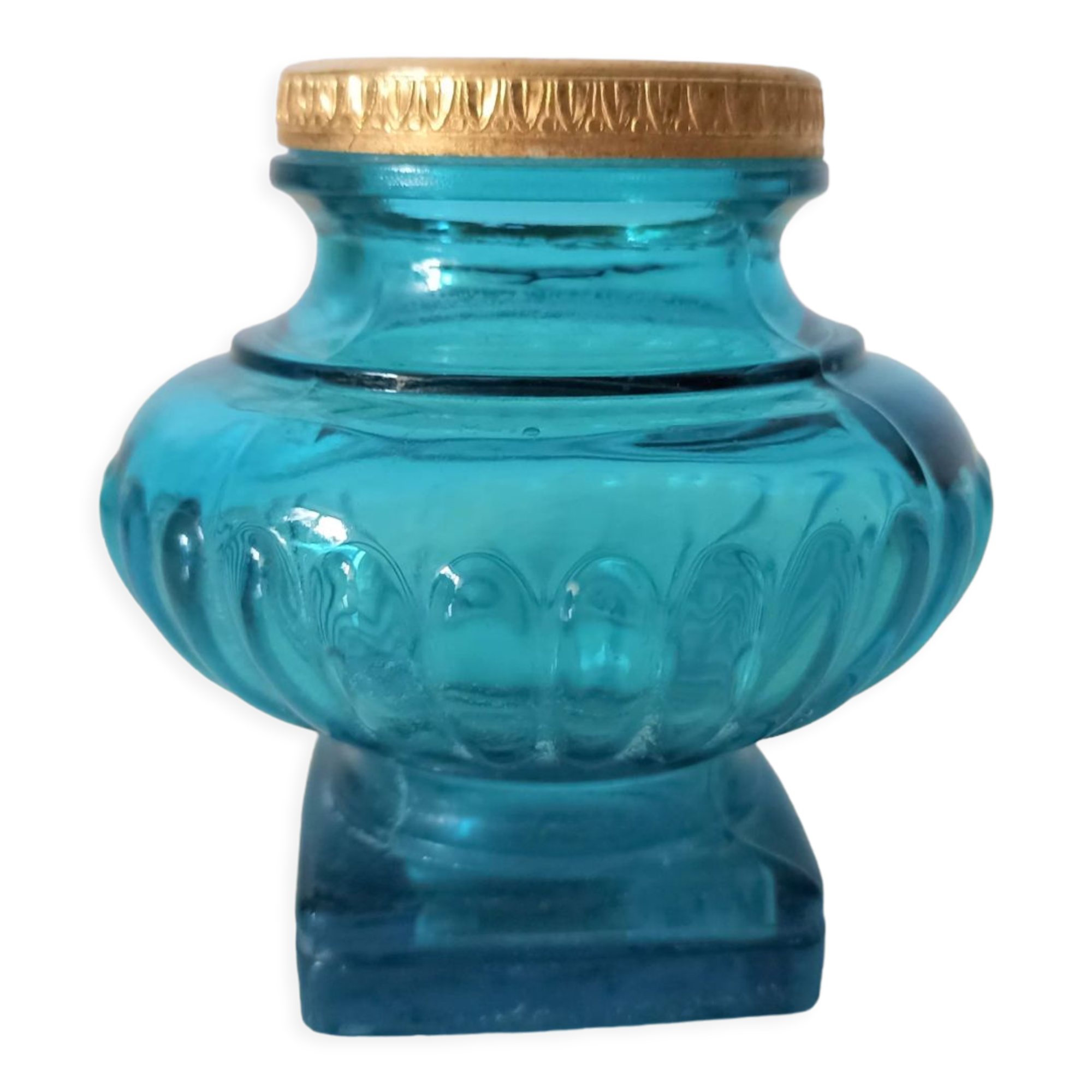 Encrier ancien en verre turquoise et laiton