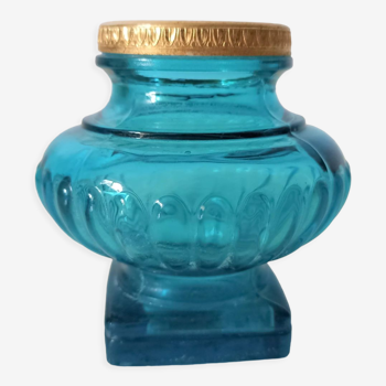 Antique inkwell in turquoise glass and brass