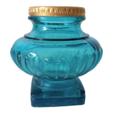 Antique inkwell in turquoise glass and brass