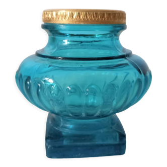 Antique inkwell in turquoise glass and brass