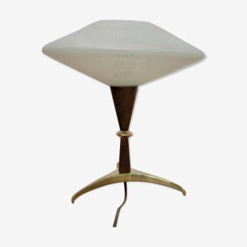 Scandinavian style lamp in teak, brass and opaline