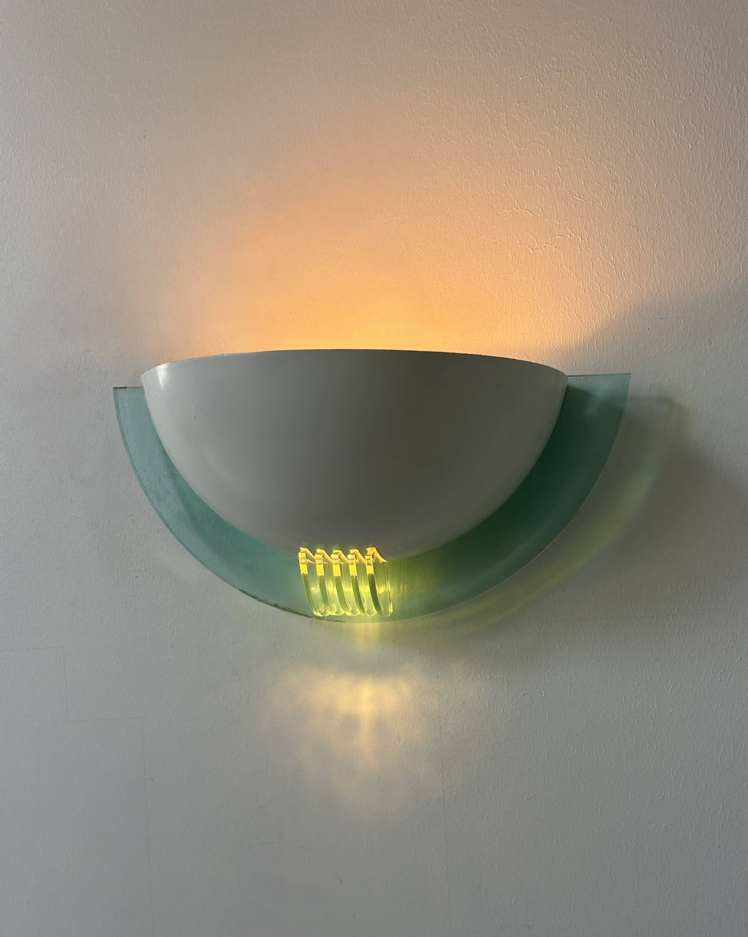 Pair of vintage post-modernist wall lights, white metal, perspex, France 1980