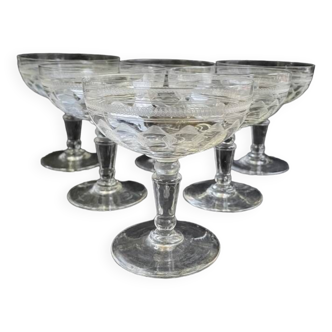 6 Coupes à champagne – Cristal guilloché – Art nouveau