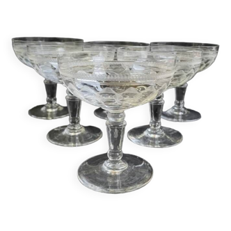 6 Champagne glasses – Guilloché crystal – Art Nouveau