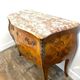 Louis XV curved commode, marble top, bronze fittings and marquetry.