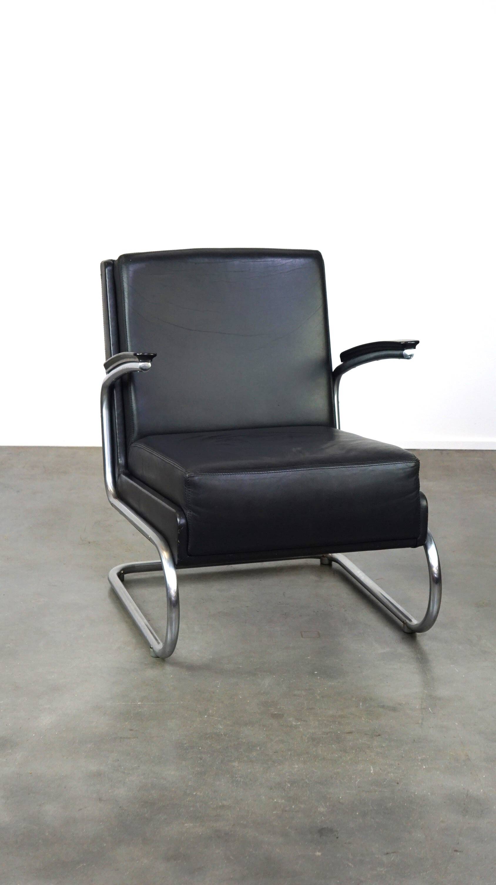 Vintage brown leather Bauhaus design armchair by Ahrend de Cirkel from the 1950s