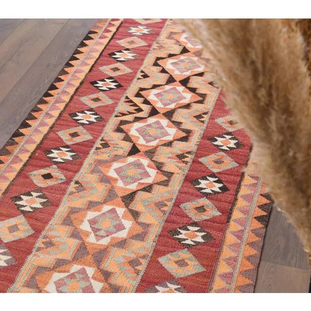 1970s Vintage Turkish Hand-Knotted Wool Cotton Orange Runner Rug 89x287