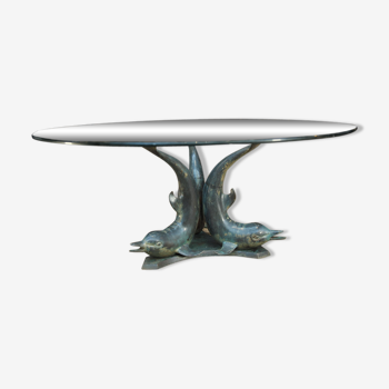 Dolphins bronze coffee table and bevelled glass 1970