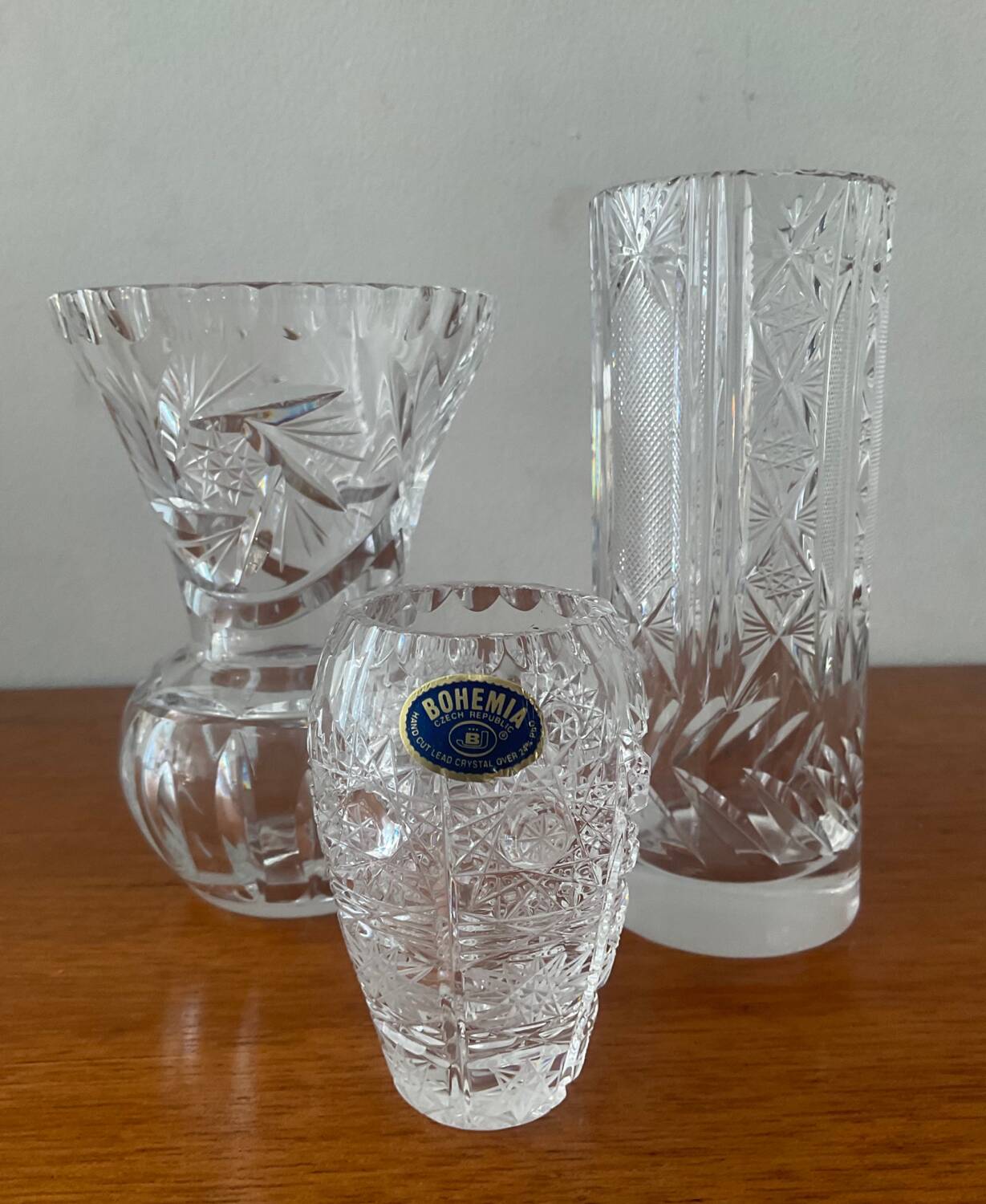 Trio of vintage Bohemian crystal vases