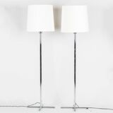 Pair floor lamp chromed cross base cream fabric lampshade