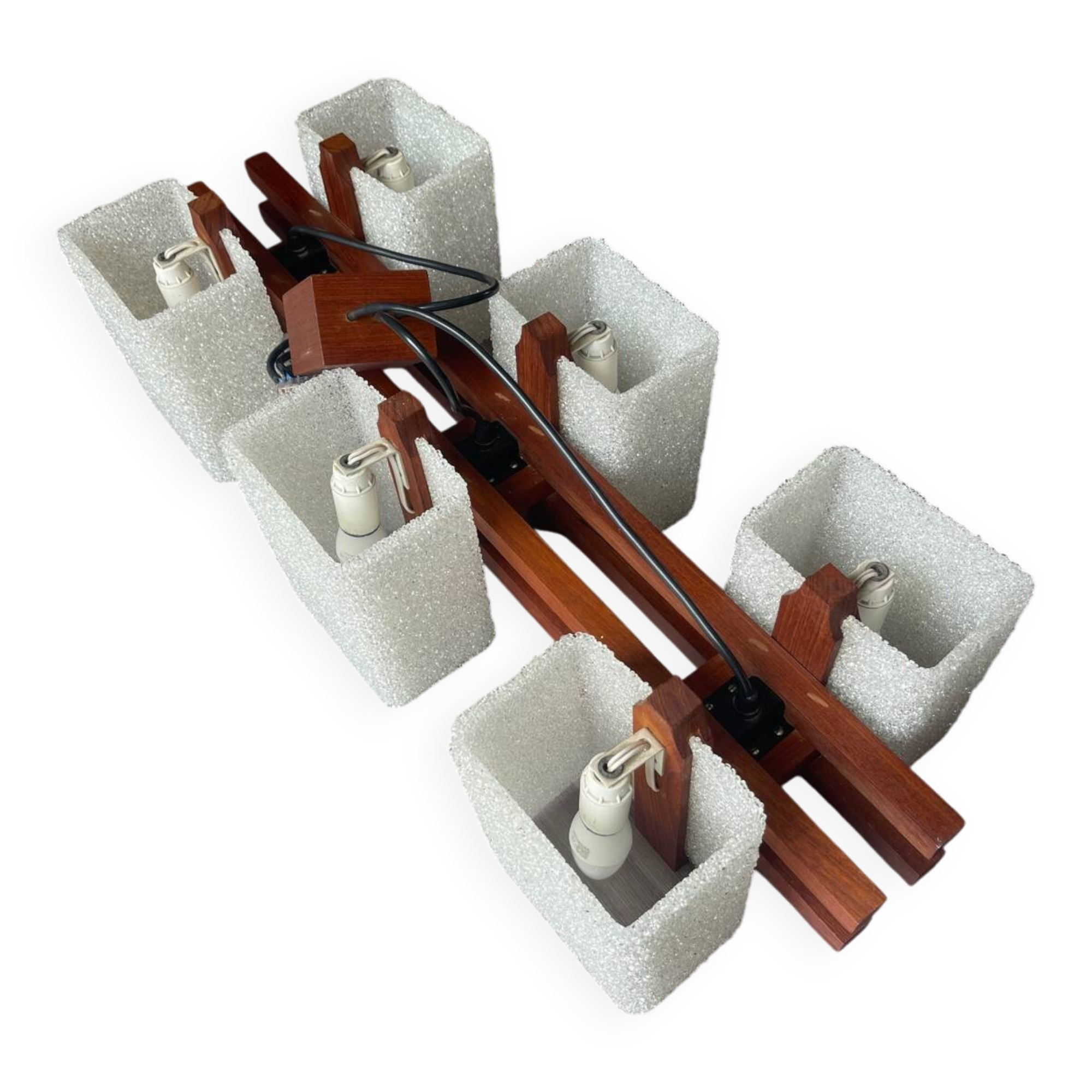 Scandinavian chandelier with 6 lights in teak and a perspex shade.