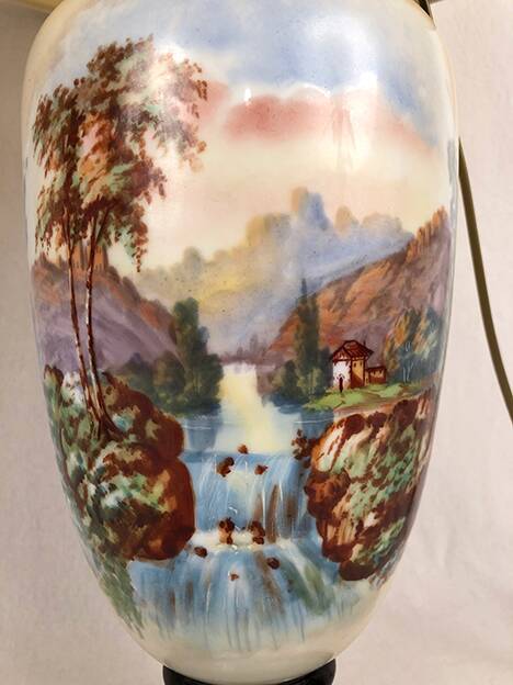 Large pair of 19th century polychrome porcelain vases decorated with landscapes, mounted as lamps