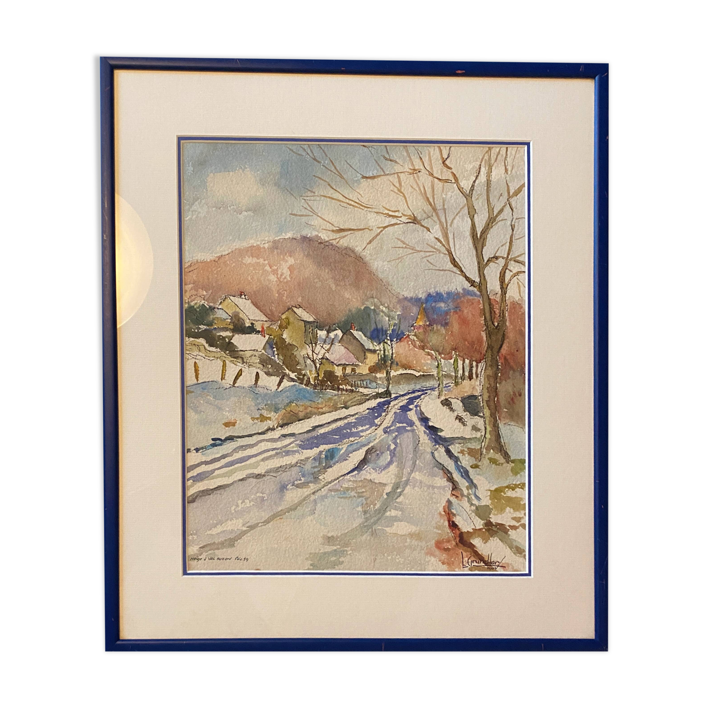 Watercolour painting "Snow in Val Suzon" (21) signed L. Grundler 1959