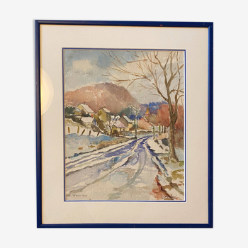 Tableau aquarelle "Neige à Val Suzon" (21) signé L. Grundler 1959
