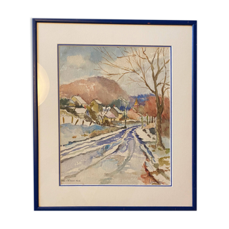 Watercolour painting "Snow in Val Suzon" (21) signed L. Grundler 1959