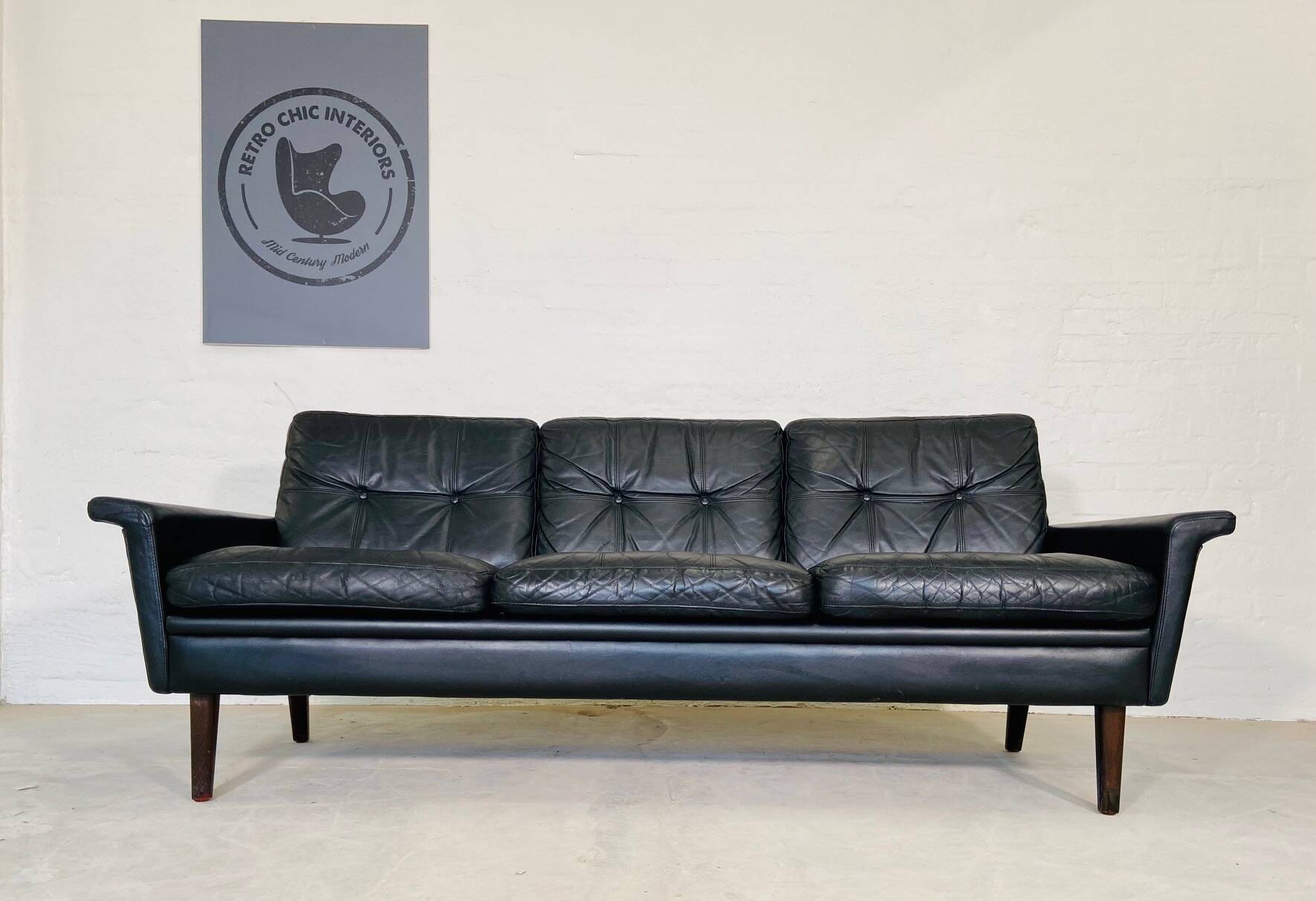 Vintage danish retro nili stoppmøbler 3 person sofa in black leather 1960s