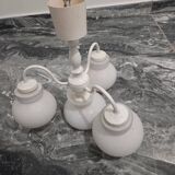 Antique vintage space age white pendant light, 4 opaline glass globes