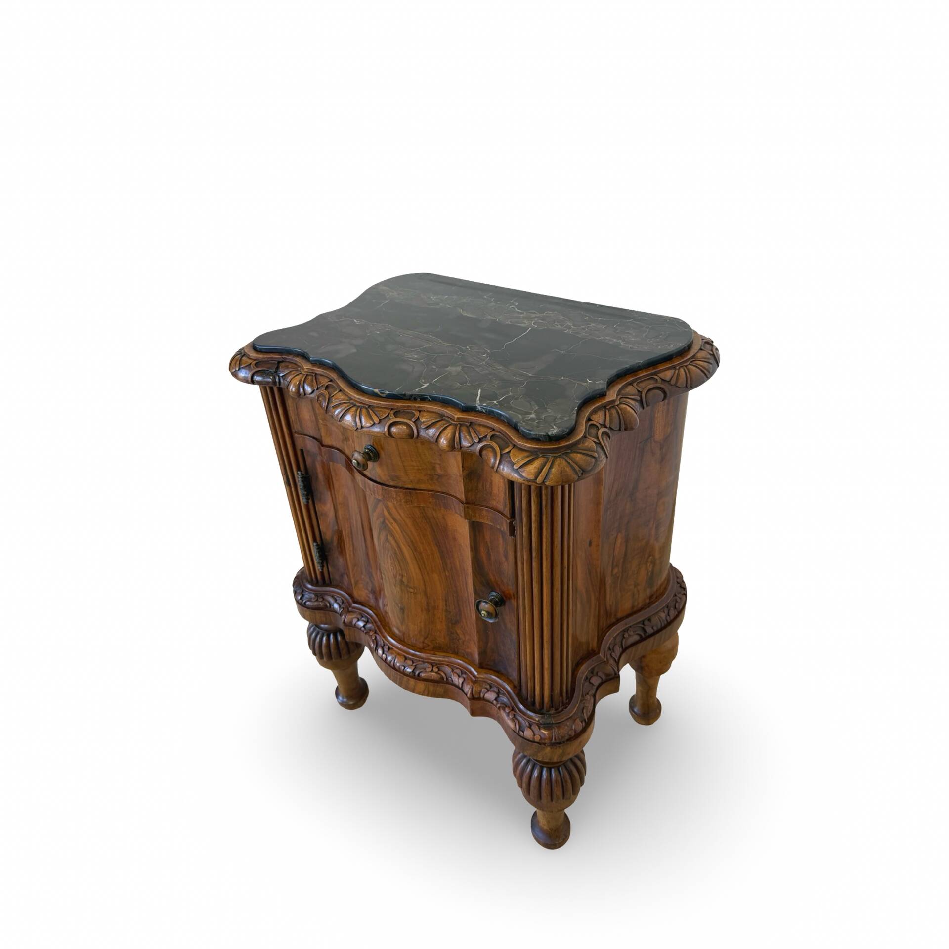 art deco walnut serpentine nightstands, 1920s