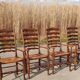 Set of 4 rustic vintage armchairs in English farmhouse style with rush seats.