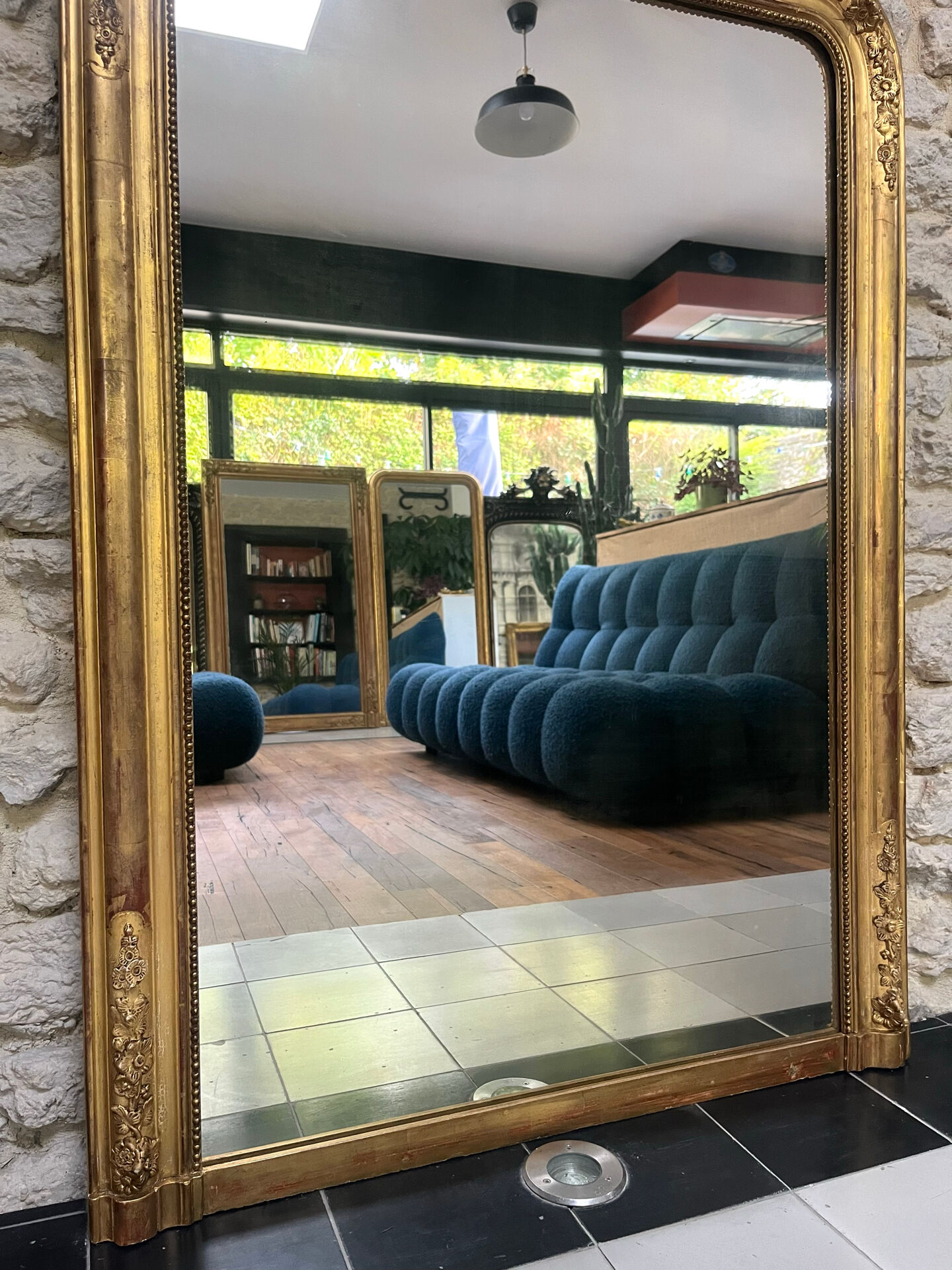 Miroir de cheminée Louis-Philippe perlé 126/90cm feuille d’or, glace
