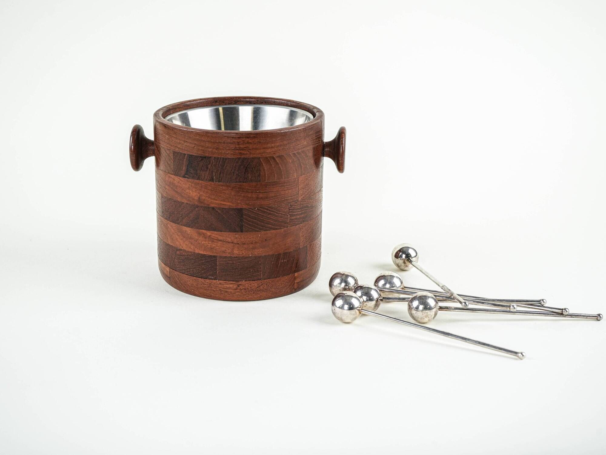 Danish teak and steel ice bucket, 1970s, Scandinavian Modern barware