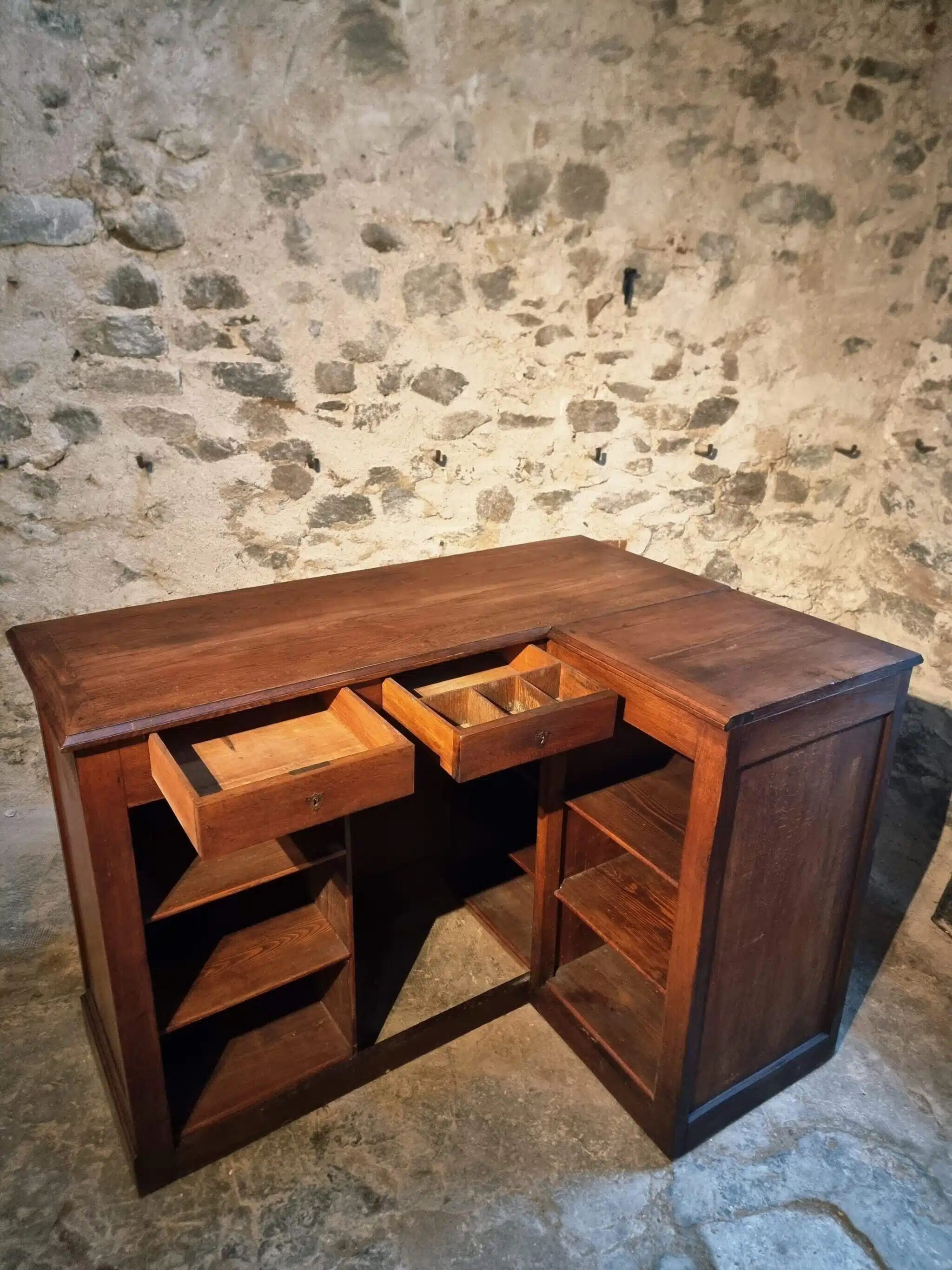 Antique French oak counter / shop counter (early 1900s)