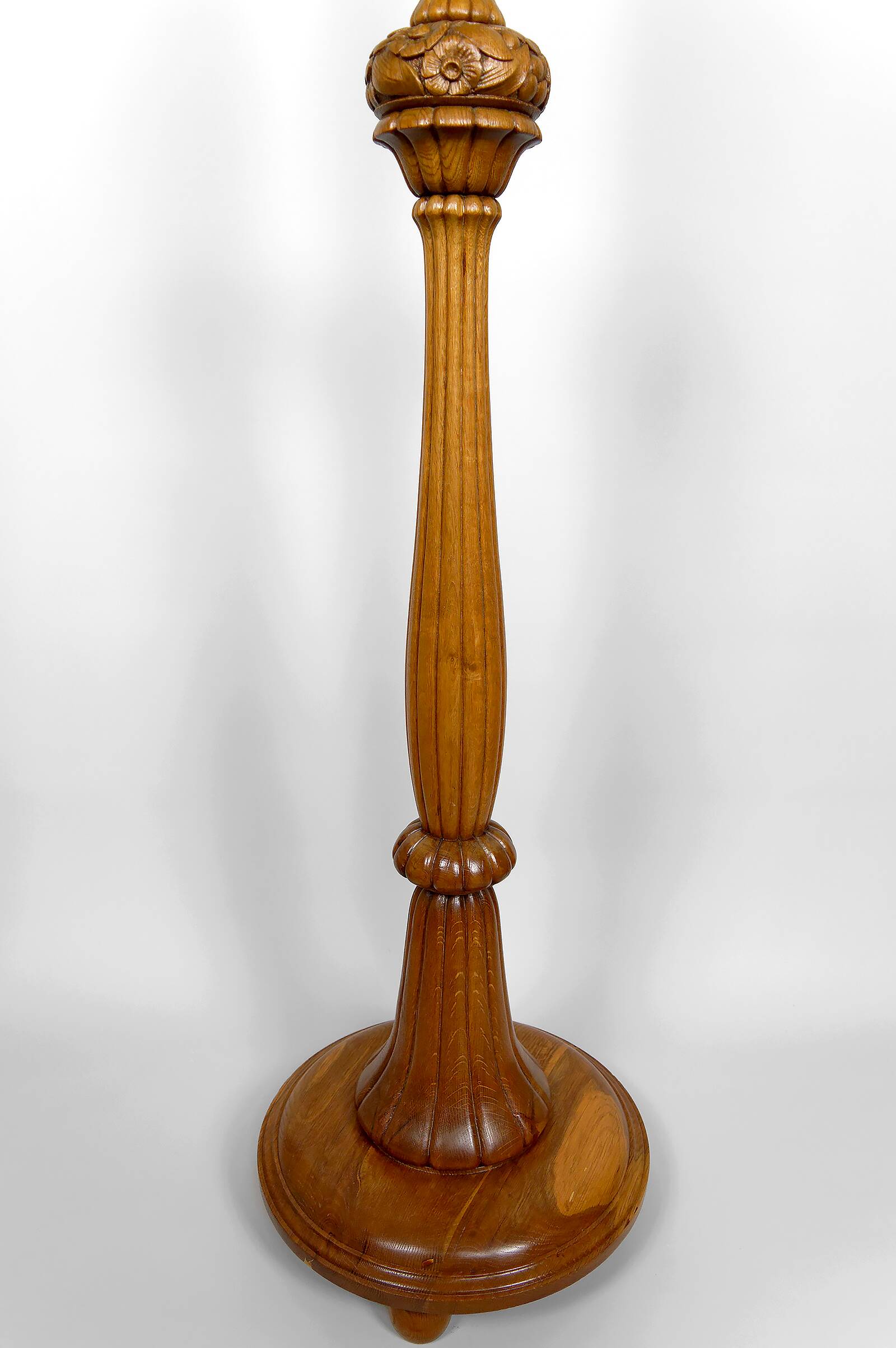 Important Art Deco carved oak floor lamp, France, circa 1920