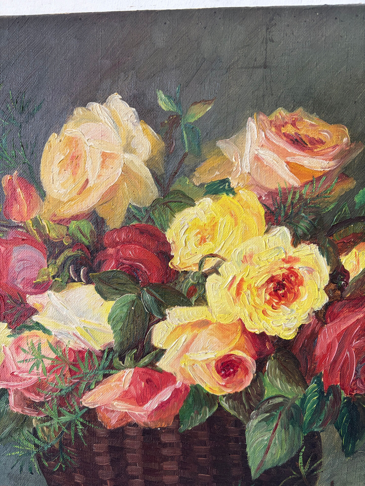 Basket of roses, oil on canvas signed