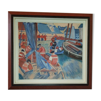 Oil on canvas "Breton fishermen" signed Gene.