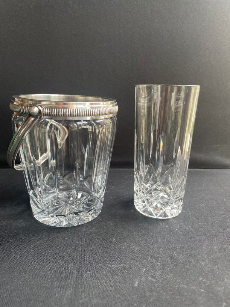 Ice bucket with spoon and glass – cut crystal and silver metal