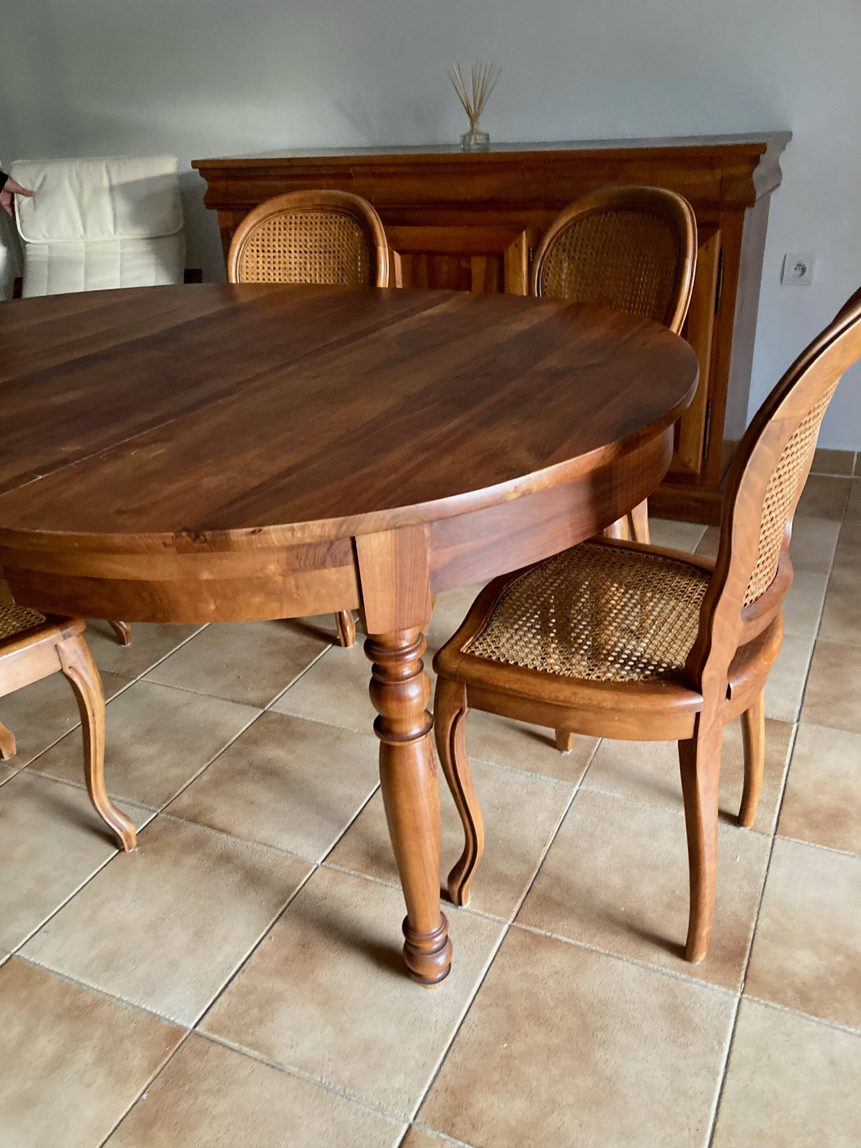Extendable table and 6 antique caned chairs Louis XV style vintage cherry wood