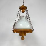 Large brutalist oak and marbled glass pendant, 1960s