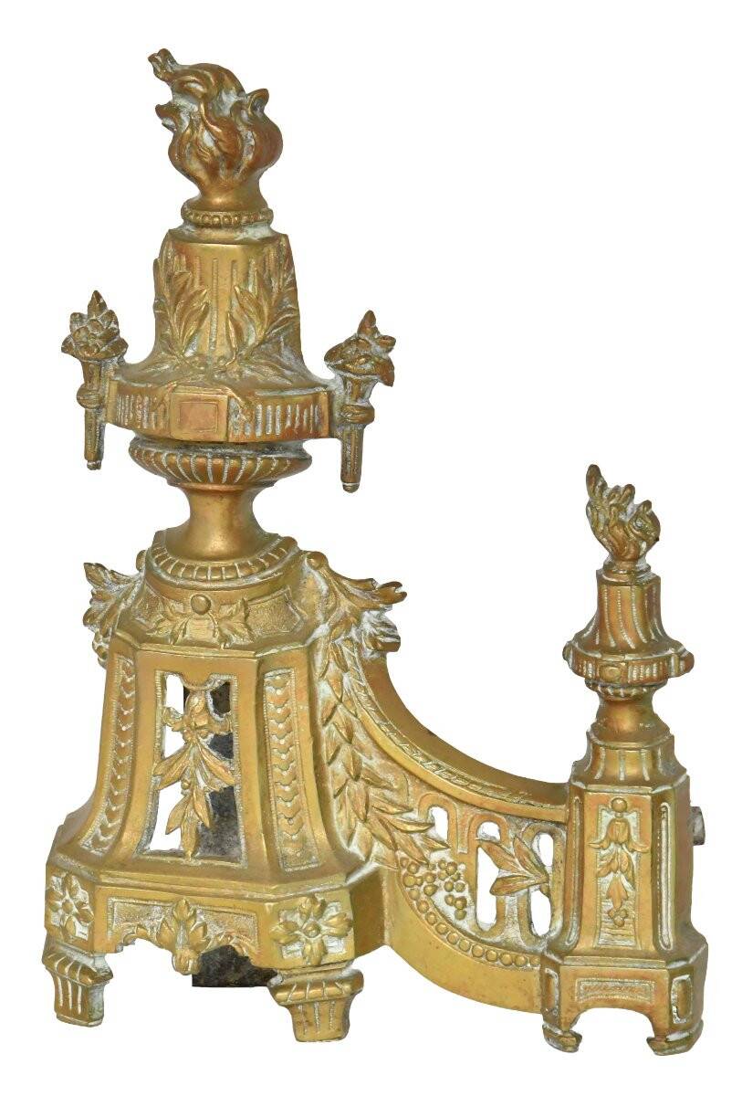 Pair of gilded brass fire dogs decorated with fire pots in the Louis XVI style.