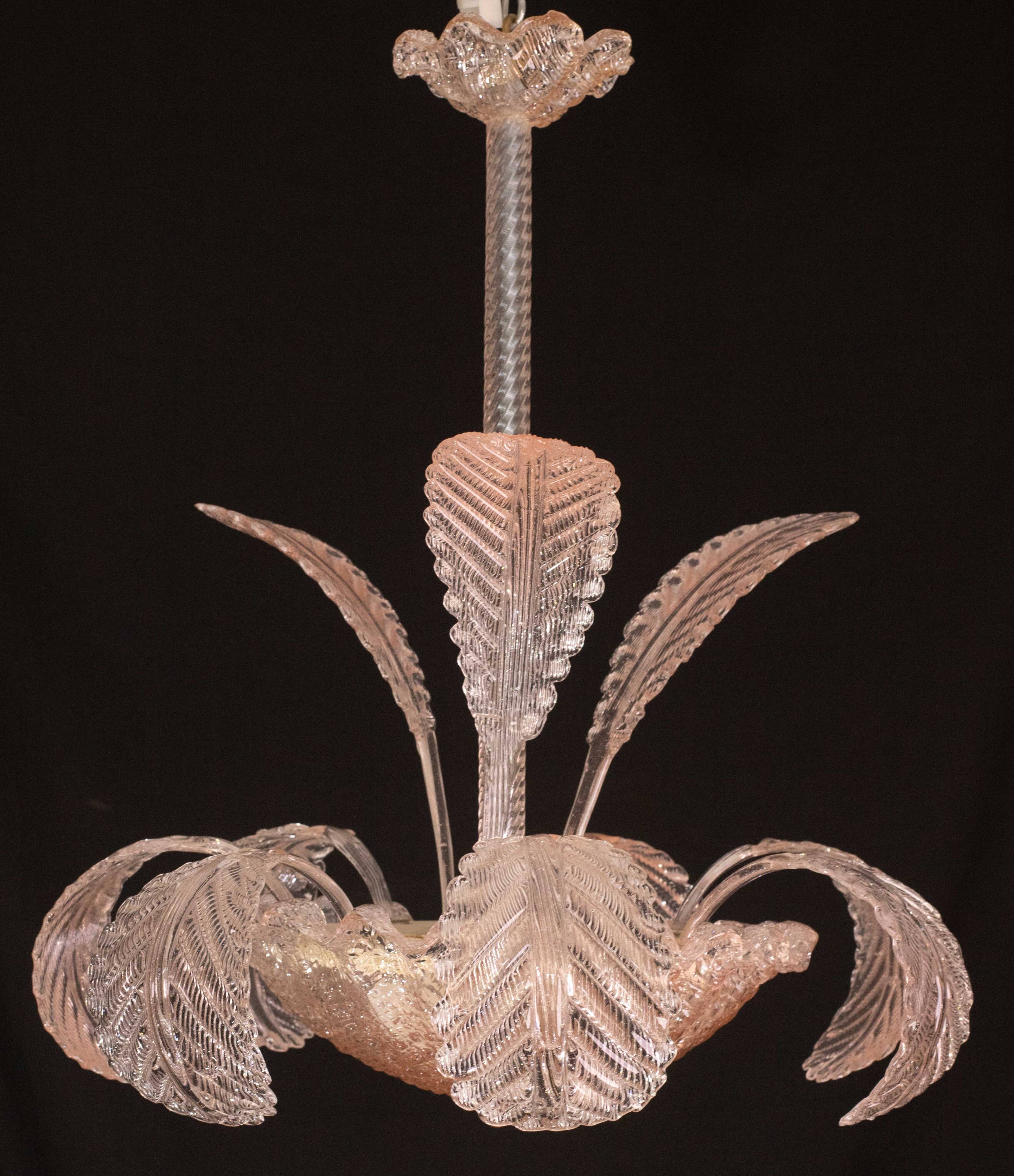 Pink Art Decò Barovier e Toso Chandelier, Murano Glass, 1950s