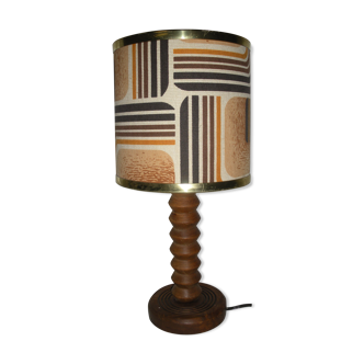 Lampe vintage pied bois tourné abat-jour tissus