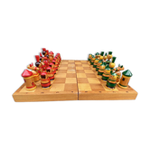 Polychrome chess game, painted wooden characters 1960