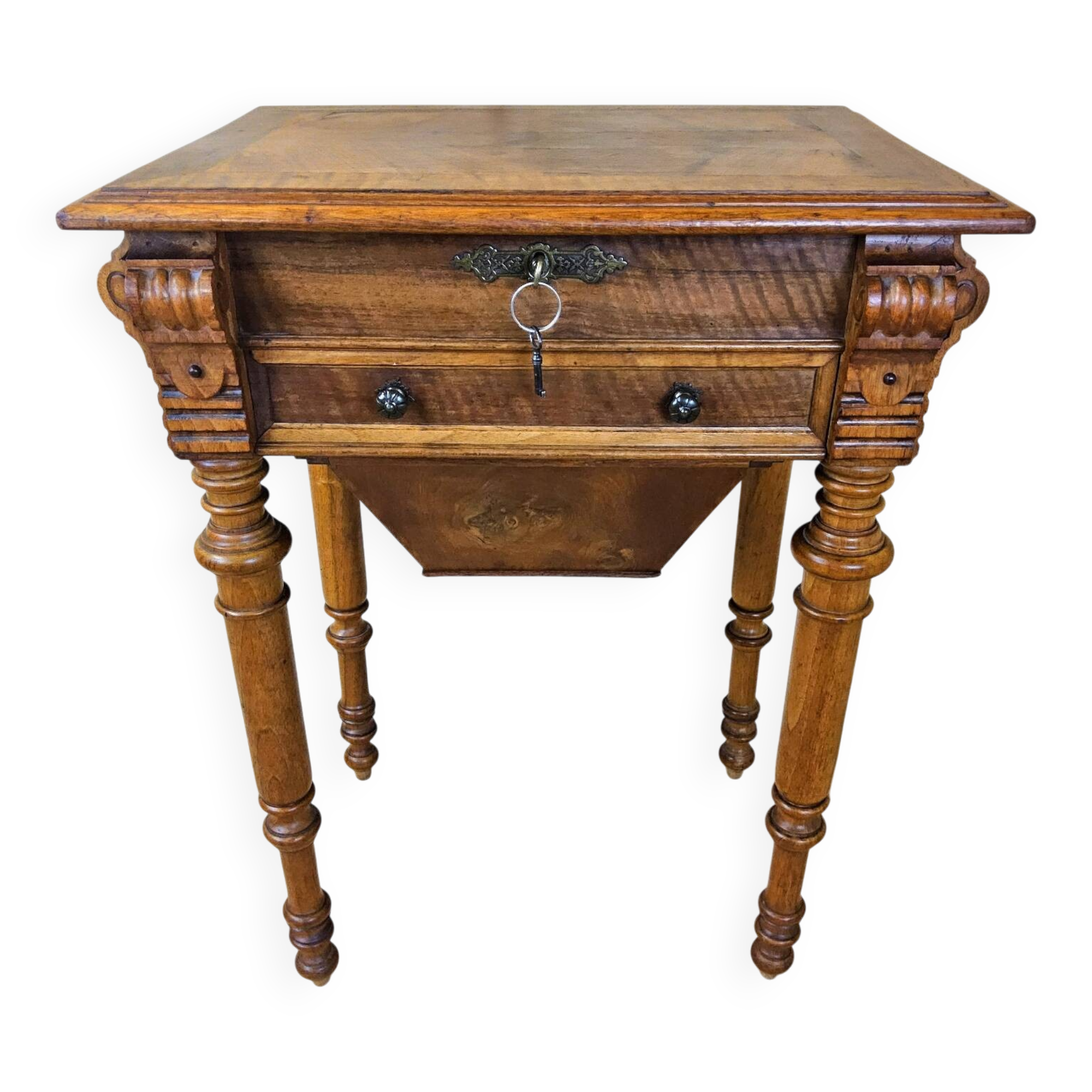 Antique walnut sewing table (19th century) Biedermeier side table