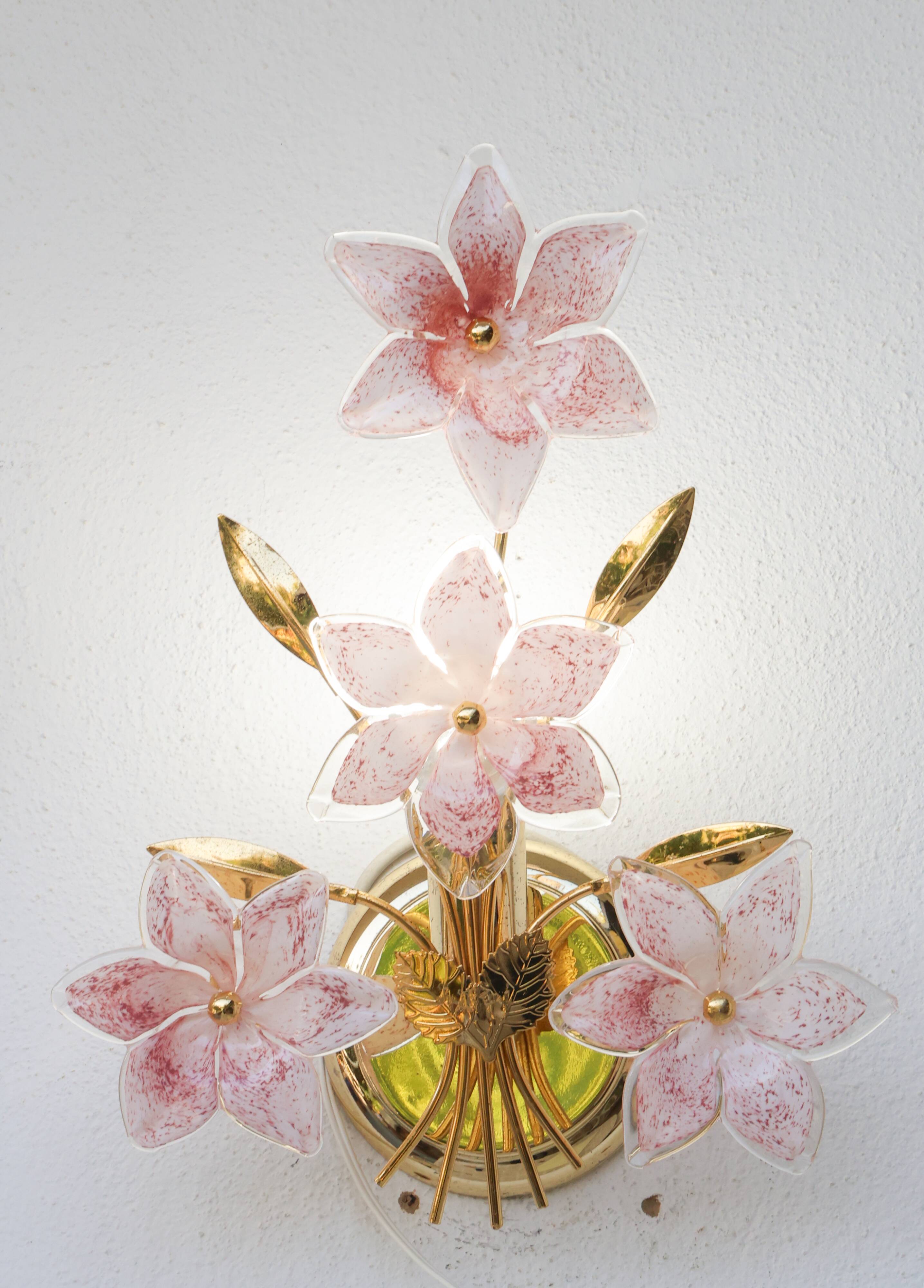 Ensemble de 2 appliques Murano fleurs roses, années 1970