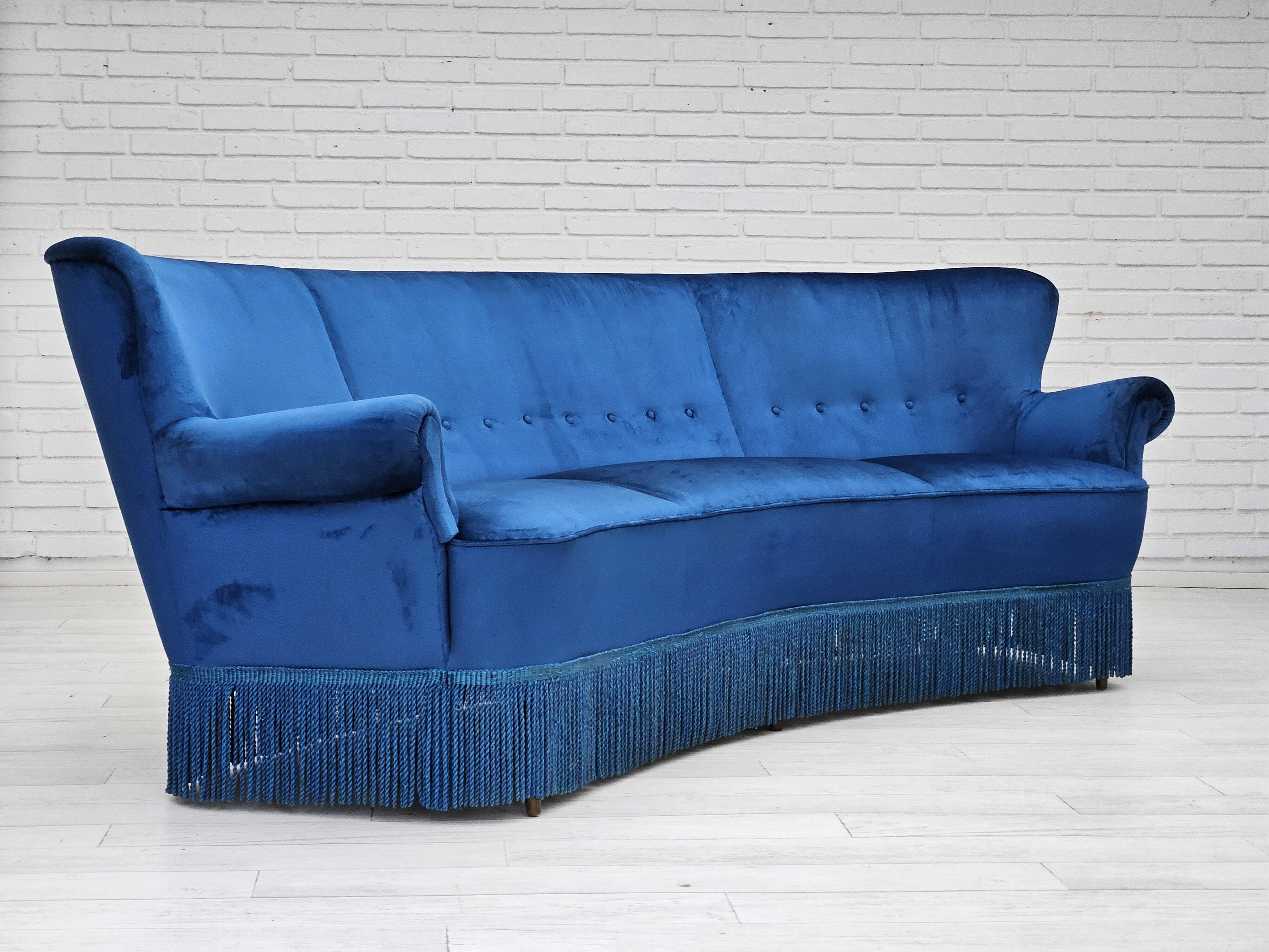 1960s, Danish 3-seater curved sofa, blue furniture velour, beech wood legs.