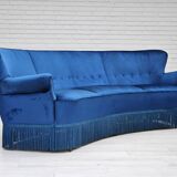 1960s, Danish 3-seater curved sofa, blue furniture velour, beech wood legs.